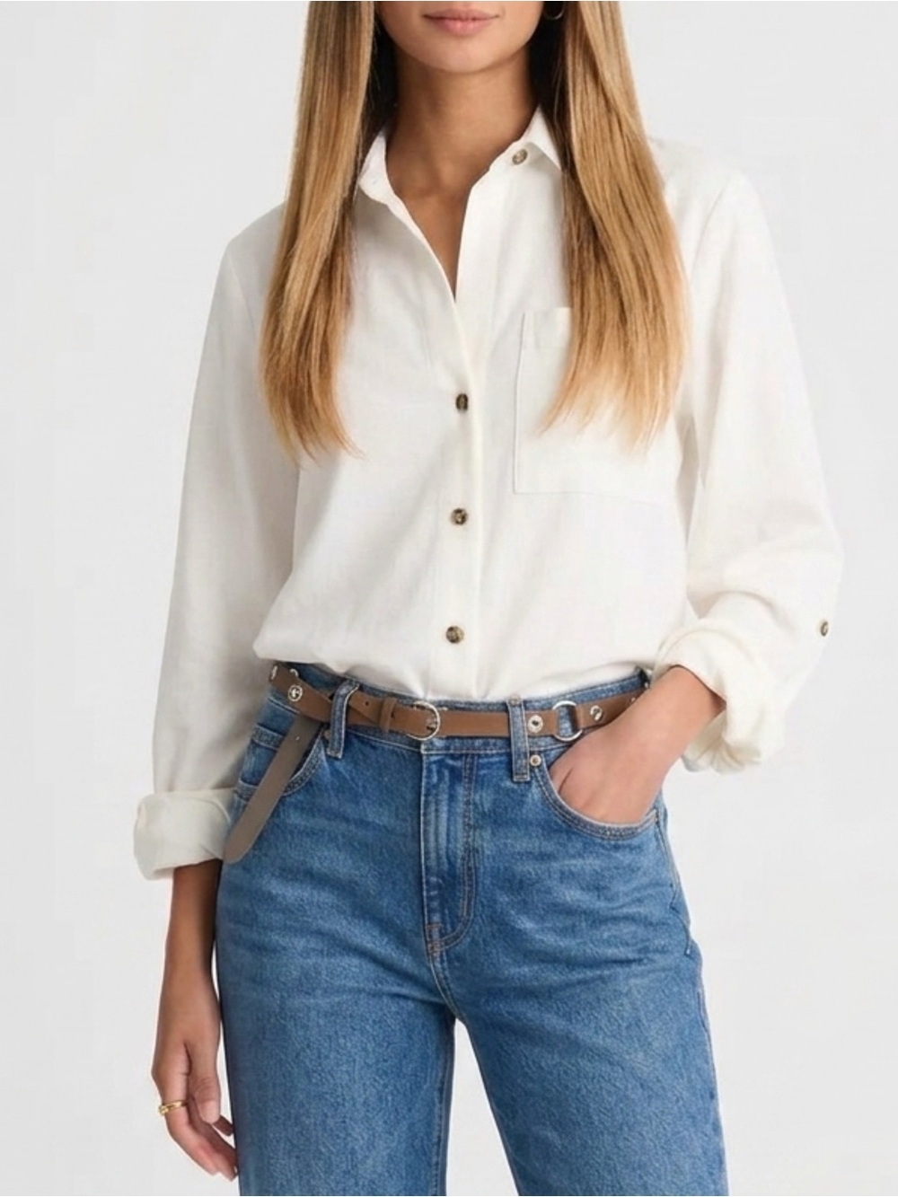 Madewell Preppy Y-Neck Button-Up Shirt White Corduroy Womens Size XS Long Sleeve